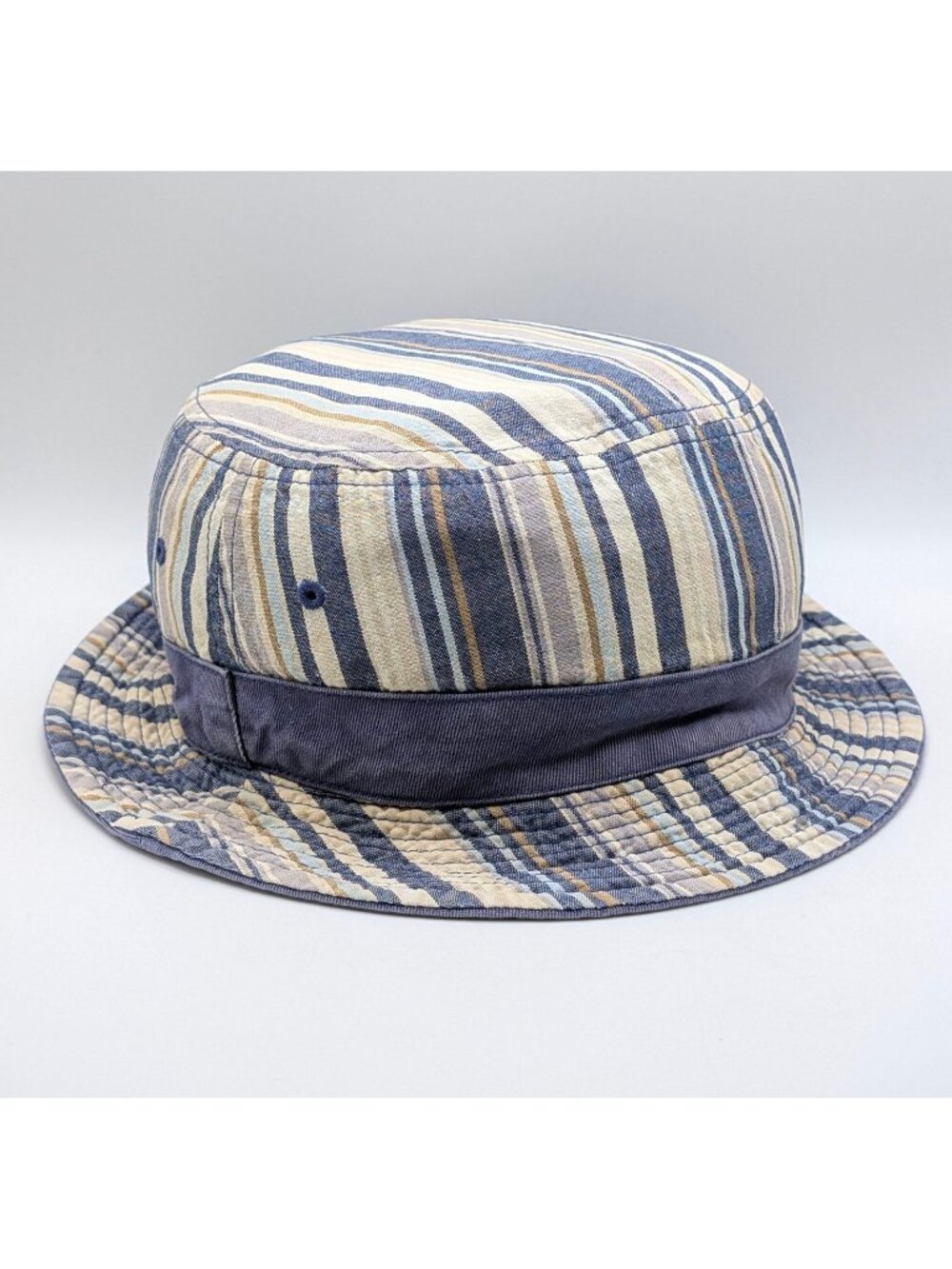 Vintage Unisex Blue White Striped Bucket Hat Reversible Cap Denim OSFM Retro